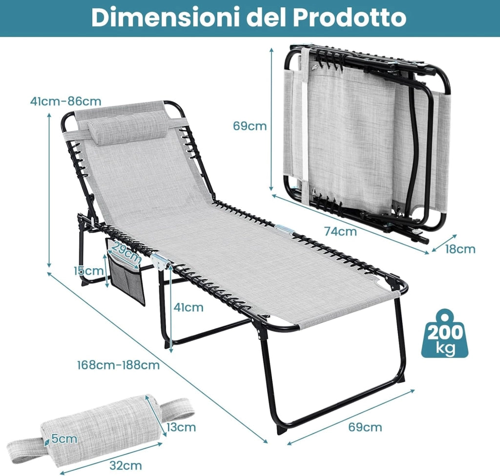 Lettino Prendisole da Giardino, Sedia a Sdraio Pieghevole con Schienale Regolabile, Cuscino Staccabile, Tasca, Portata 200 kg, 168-188 x 69 x 41-86 cm (Grigio)