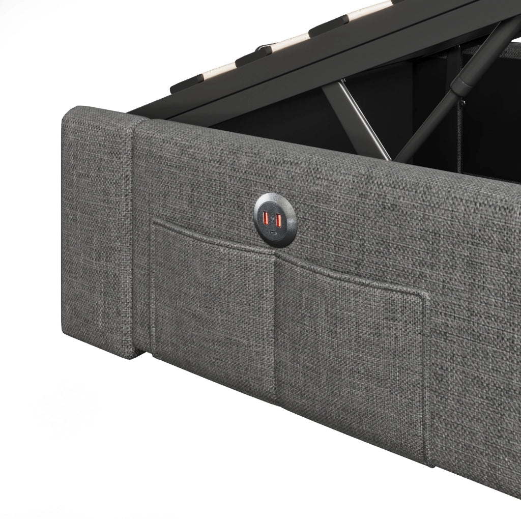 Letto imbottito 90x200 cm senza testiera in lino grigio con LED; USB e porta Type-C; contenitore idraulico