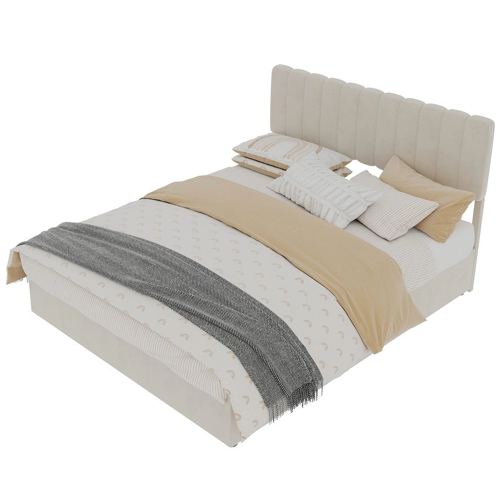Letto Contenitore Imbottito 140x200 ¨C Xylo ¨C Beige, Testiera, Meccanismo Idraulico