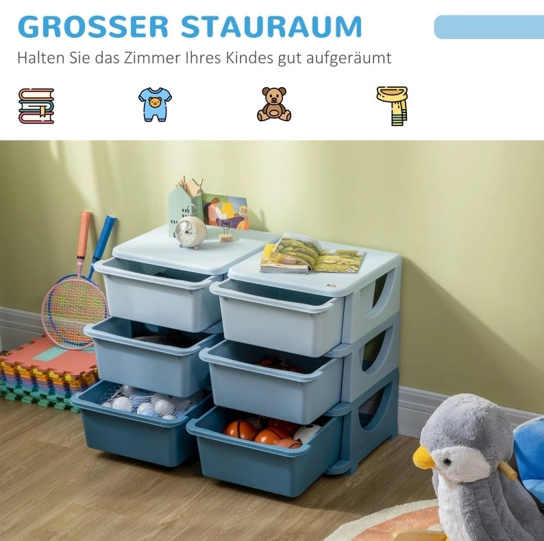 Mobile contenitore ULEVR 75x37x56,5 cm con 6 cassetti estraibili e seduta, in plastica blu