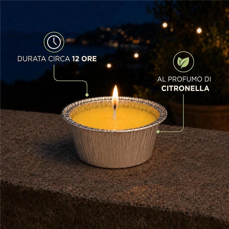 SET 48 CANDELE ALLA CITRONELLA BASE IN ALLUMINIO PER USO ESTERNO CON SPAGO DURATA +10H