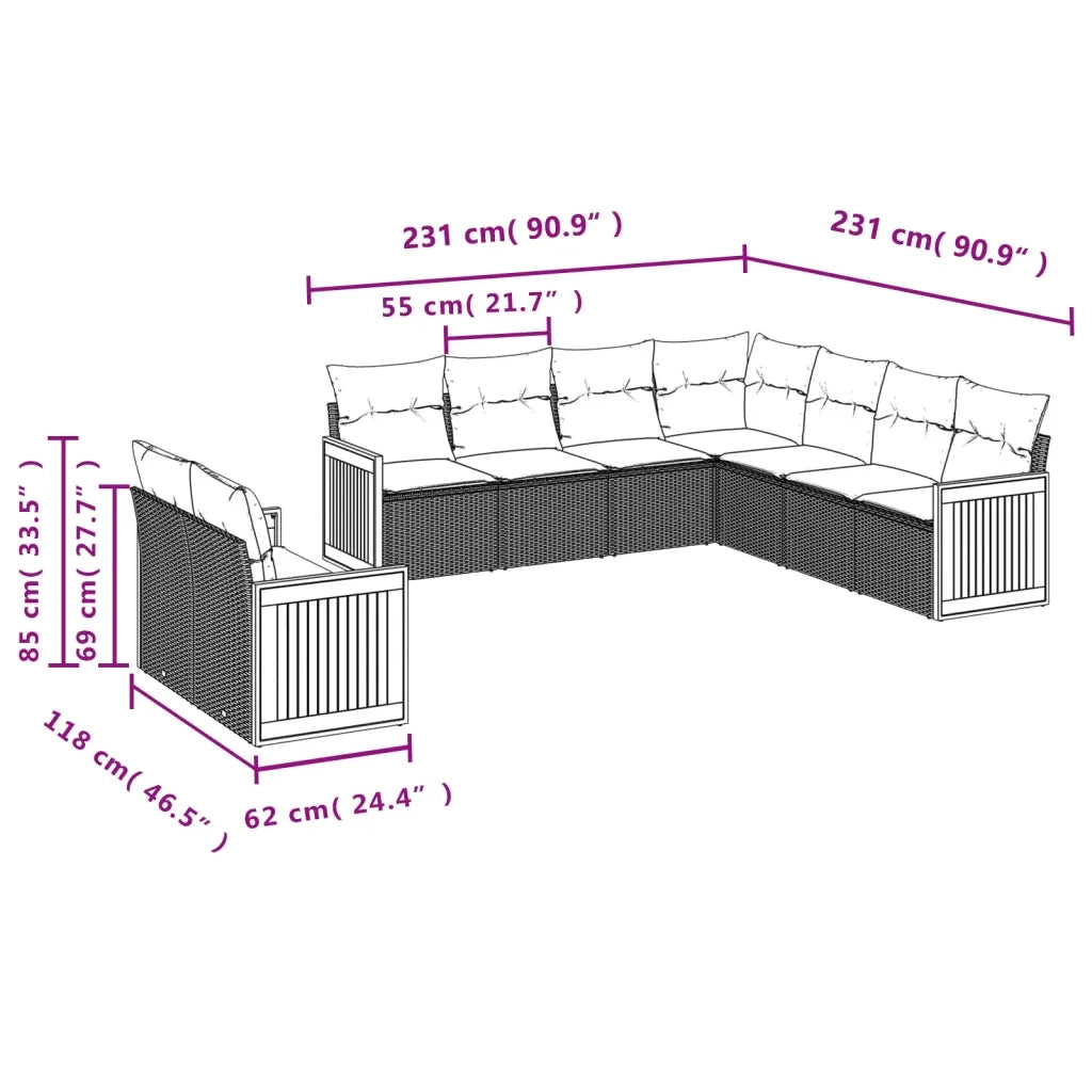 Set Divano da Giardino 9 pz con Cuscini Beige in Polyrattan 3227781
