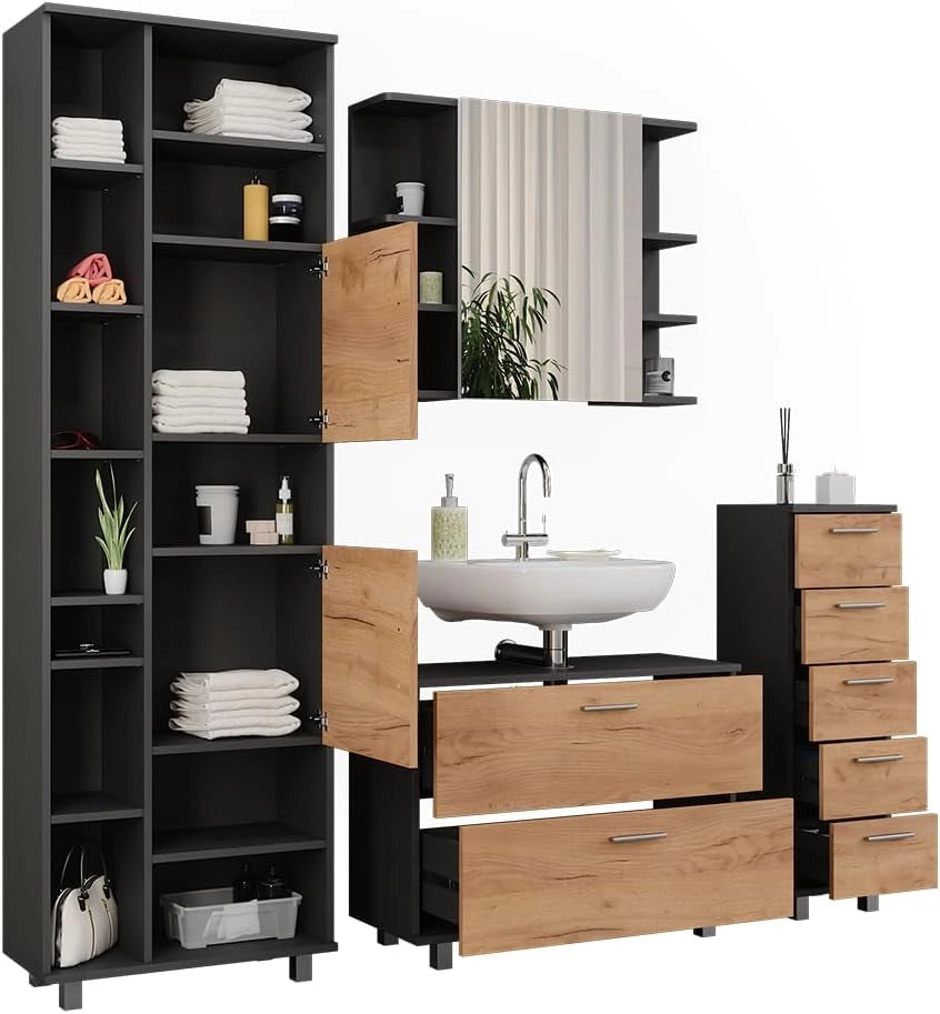 Set di mobili da bagno Ilias, Quercia dorata/antracite, 80.2 cm, composto da mobile lavabo, pensile a specchio, colonna e base media