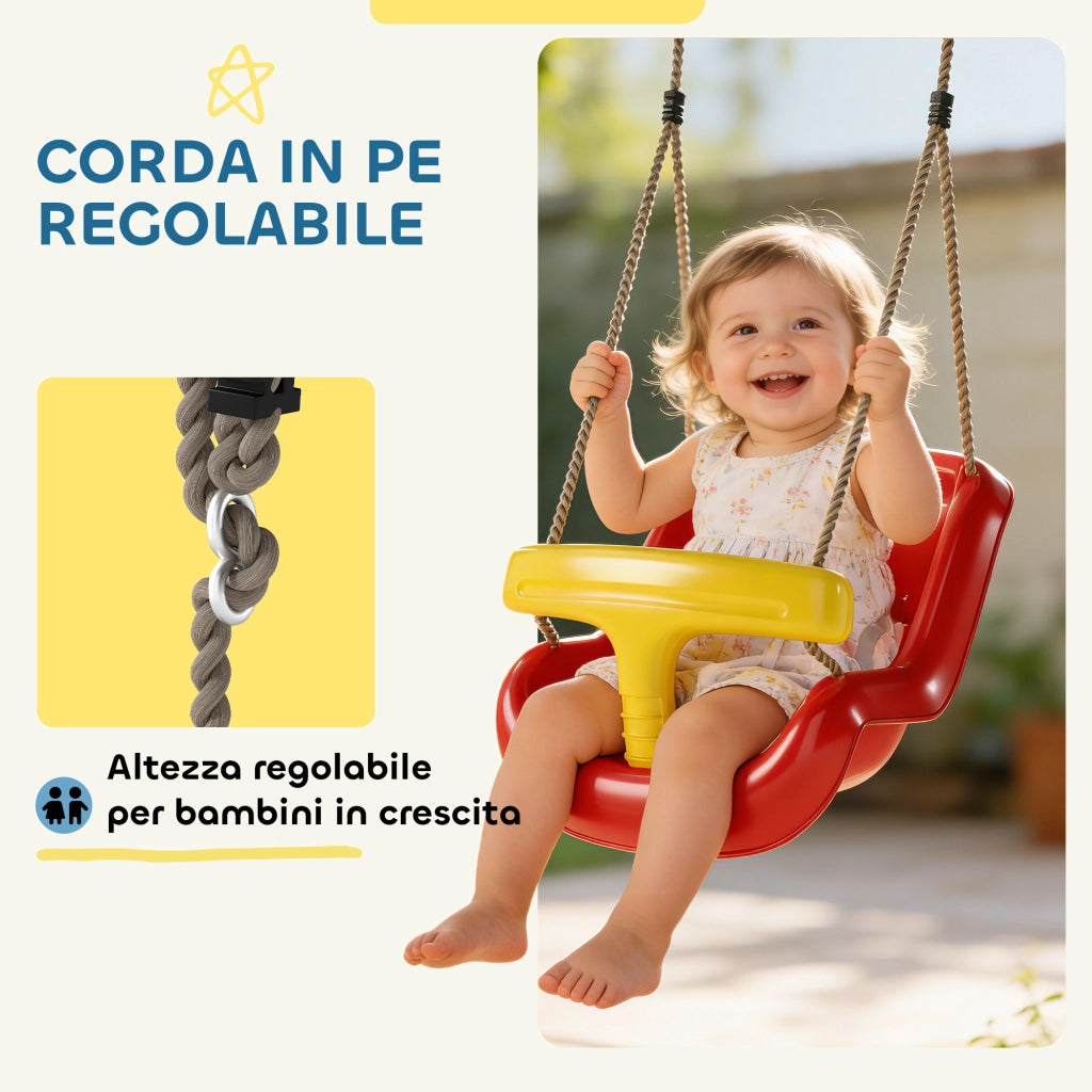 Altalena per Bambini 9-36 Mesi Regolabile 28x36x180 cm con Corde e Moschettoni in PE Rossa e Gialla