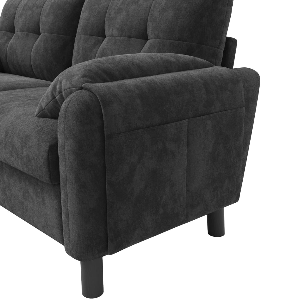 Divano 2 posti ULEVR 158x80x88,5 cm in ciniglia grigia con 2 cuscini, tasche laterali e piedi in plastica