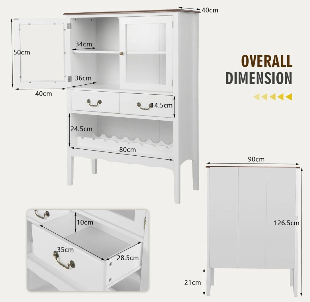 Mobile per vino, credenza con ante, cassetti con maniglia e cantina per vino, cantina moderna, 90,5 x 38 x 126 cm, per cucina, sala da pranzo, bar, SE09334FQDE