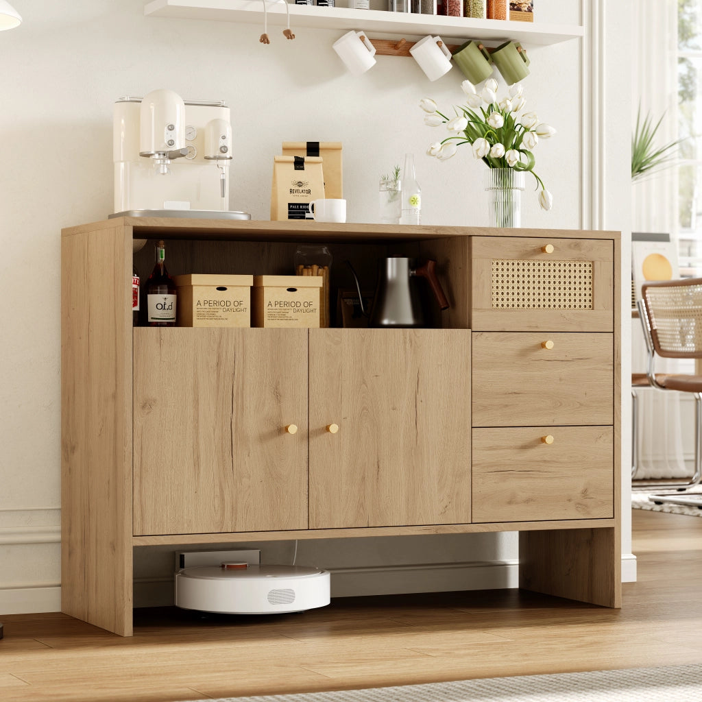 Credenza con 2 Ante e 3 Cassetti in Rattan ¨C Xylo ¨C Legno, 105x40x76