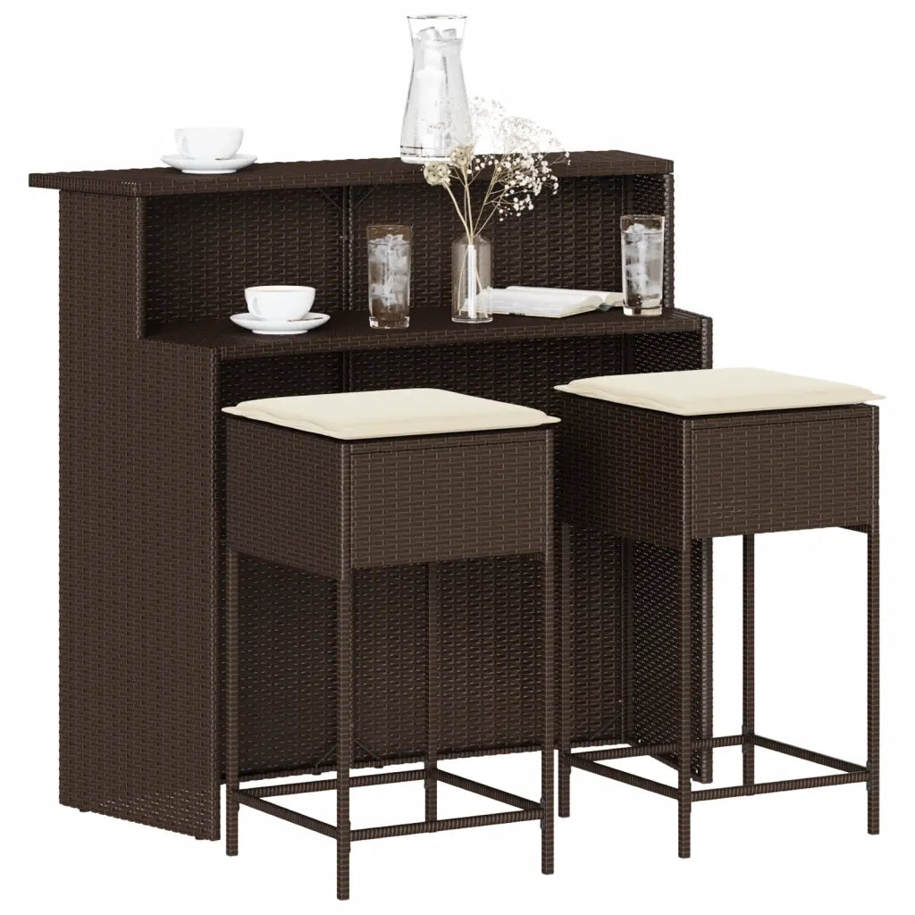 Set Bar da Giardino 3 pz | Set Salotto da Giardino con Cuscini in Polyrattan Marrone