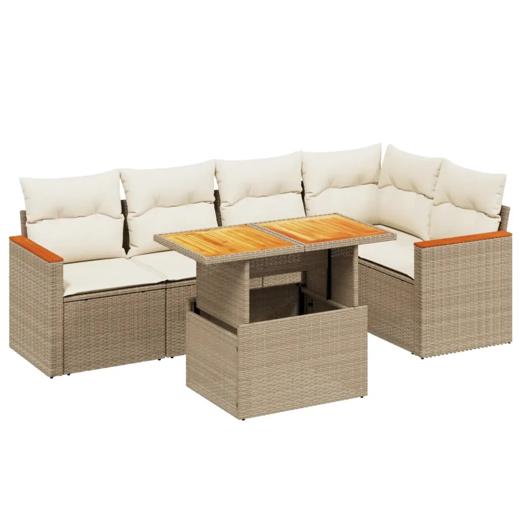 Set Divano da Giardino 6 pz con Cuscini Beige in Polyrattan