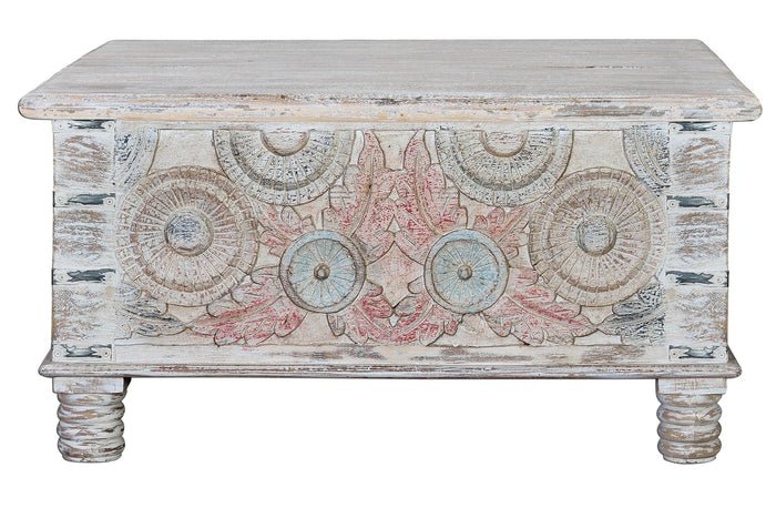 Tavolino in massello di mango intagliato, grande capacità contenitiva