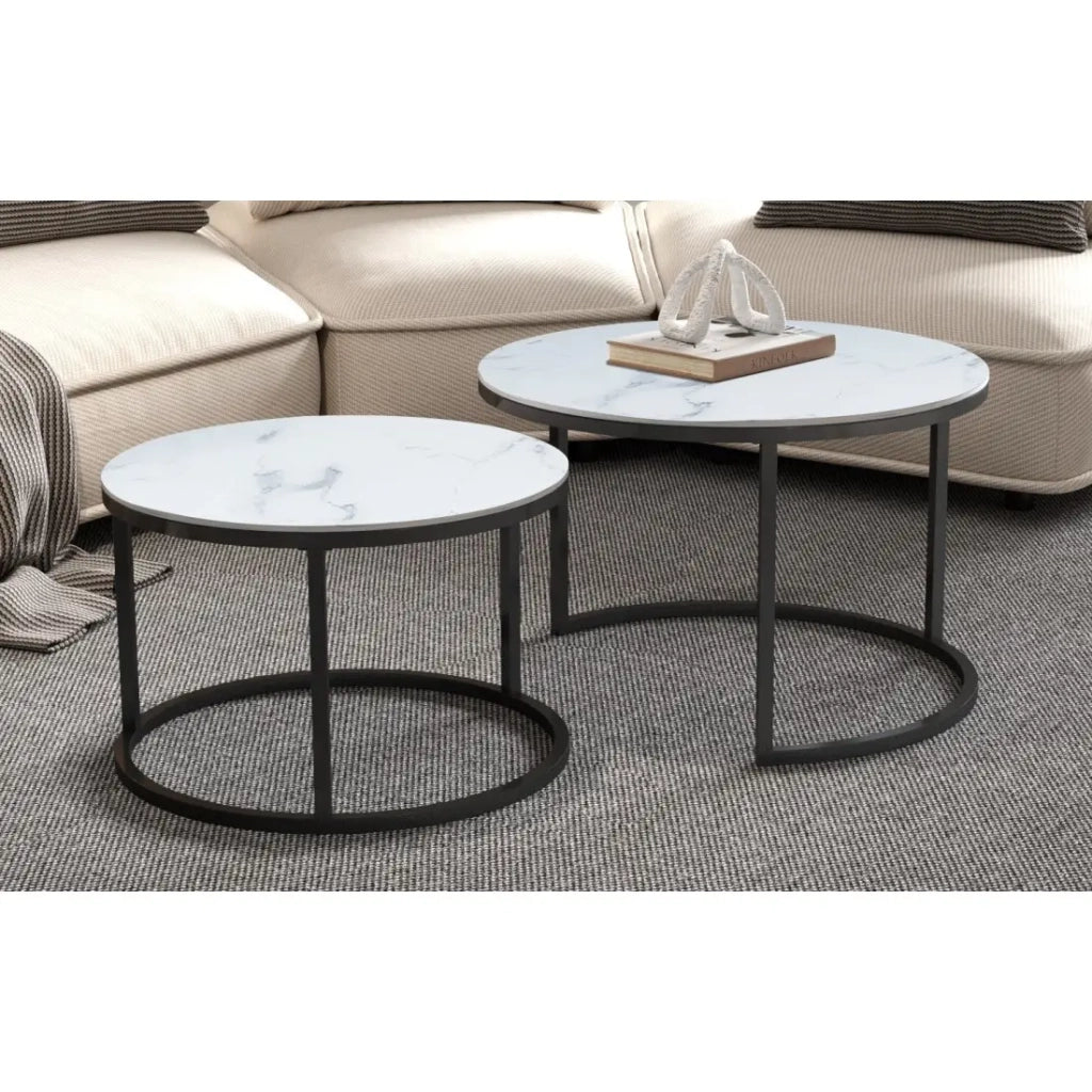 Tavolino basso nidificato MANHATTAN – Effetto marmo bianco e metallo – Chic e moderno