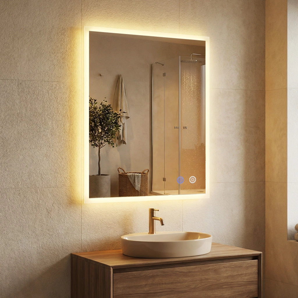 Specchio led bagno parete rettangolare anti-appannamento memoria 3 colori dimmerazione, Specchio vetro temperato infrangibile 70 x 50 cm