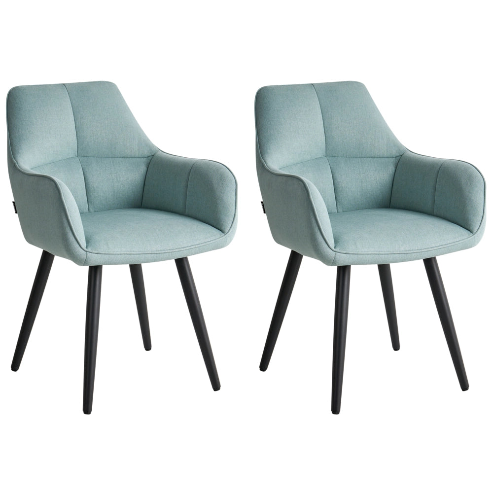 Set di 2 sedie da pranzo imbottite con braccioli, rivestimento in tessuto azzurro  base in metallo, design moderno