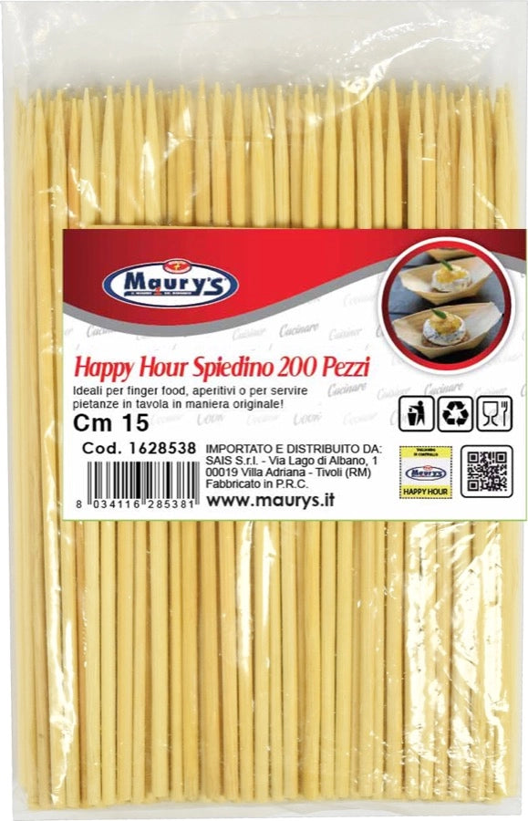KIT SET 3 PZ MAURY'S HAPPY HOUR SPIEDINO 15CM LEGNO 200PZ