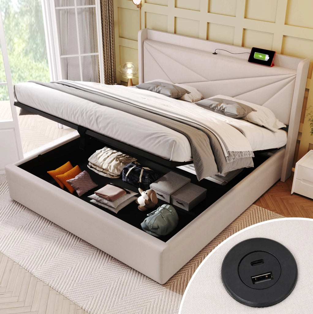 Letto matrimoniale contenitore 180x200 cm beige con USB e USB-C