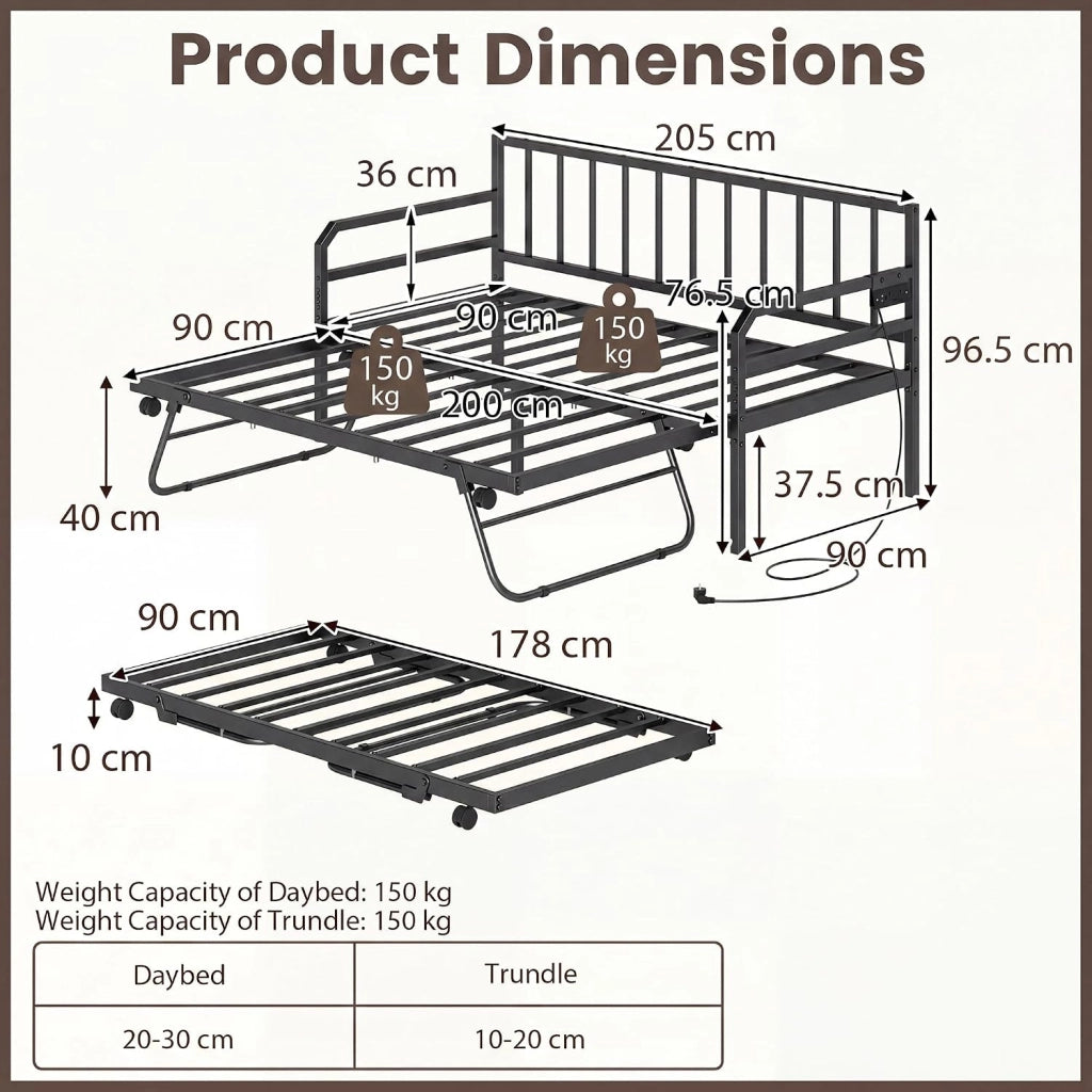 Struttura per divano letto estensibile a 2 posti, 90 x 200 cm, letto estraibile in metallo con luci a LED, stazione di ricarica, doghe resistenti, per soggiorno, camera da letto