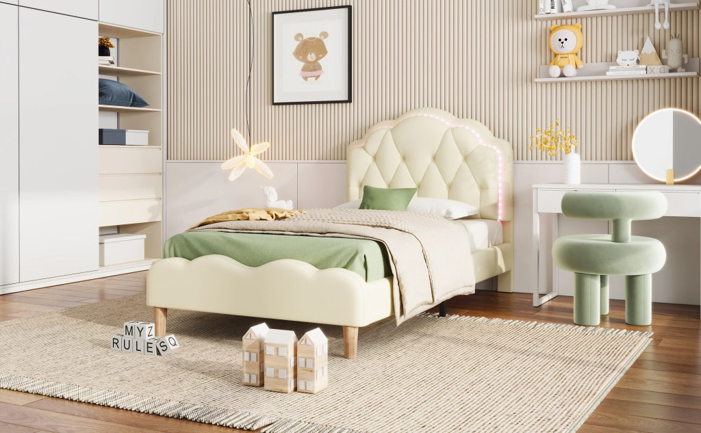DESMIU Letto singolo 90 × 200 cm con LED multicolore, testiera ondulata e senza materasso, in PU beige