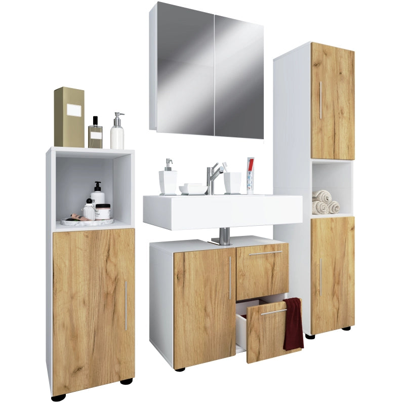 Armonia di Ezooza  Set Bagno Completo 4 Pezzi Mobile Lavabo + Colonna + Pensile e armadietto a specchio, Bianco/Rovere ,