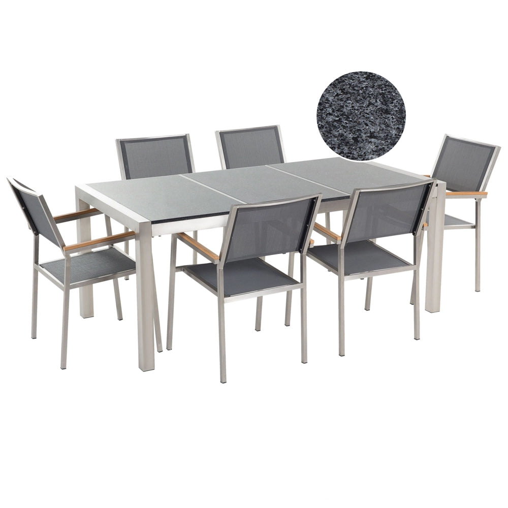 Set da Giardino Tavolo Piano Granito di colore Grigio 6 Sedie Grigie 180 x 90 cm esterno terrazzo