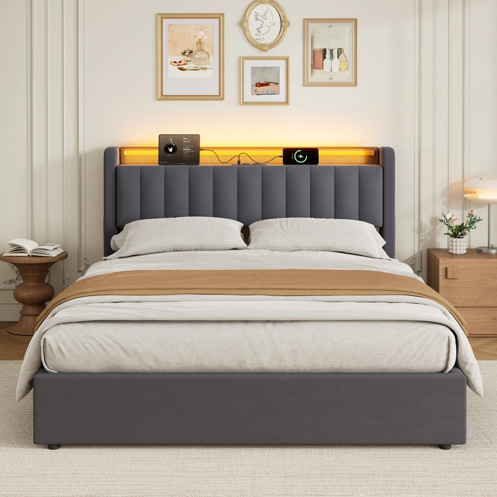 LETTO Imbottito 160 x 200 cm Grigio Scuro con Contenitore, USB e LED