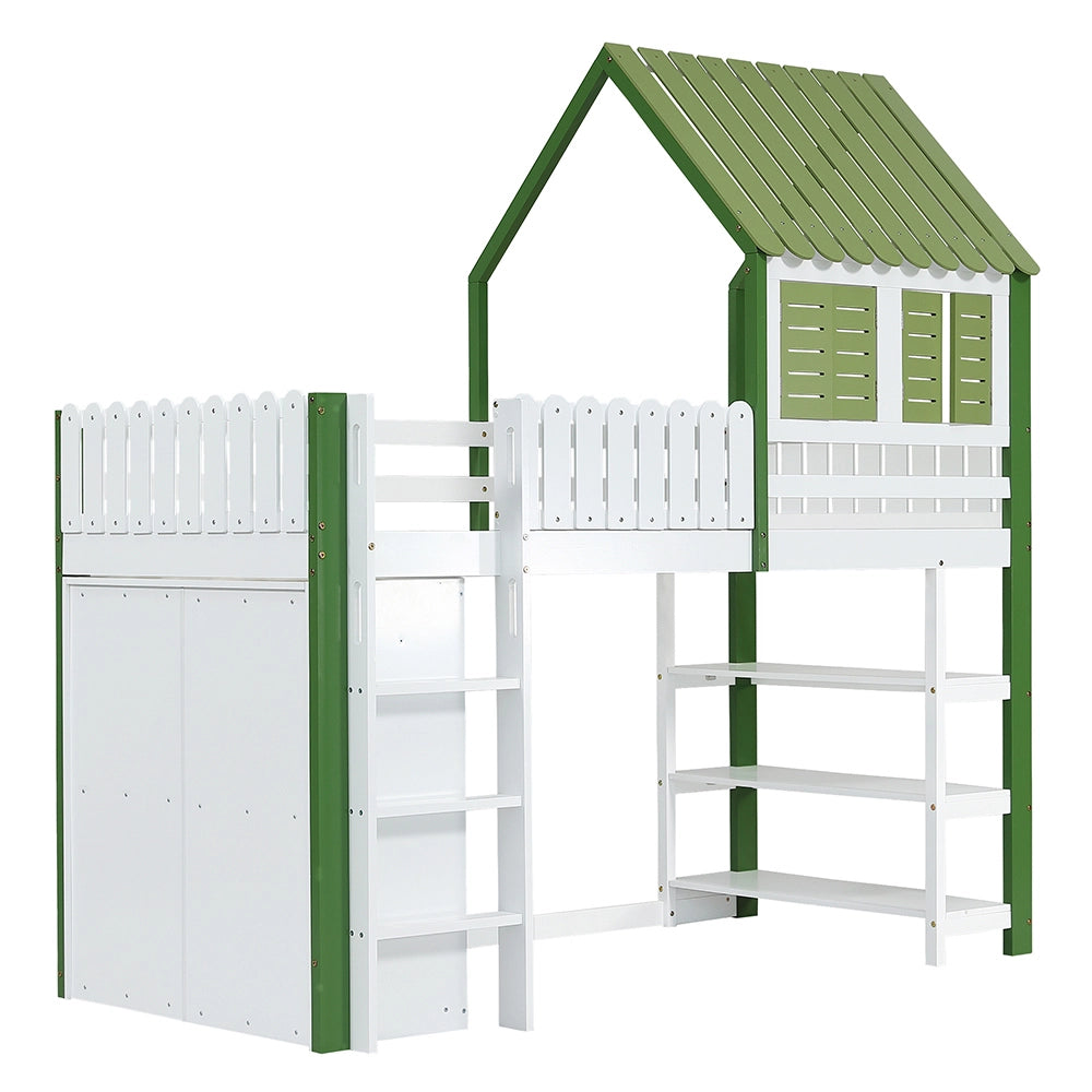 Letto a soppalco bambini - Xylo - 90x200 cm armadio pino verde