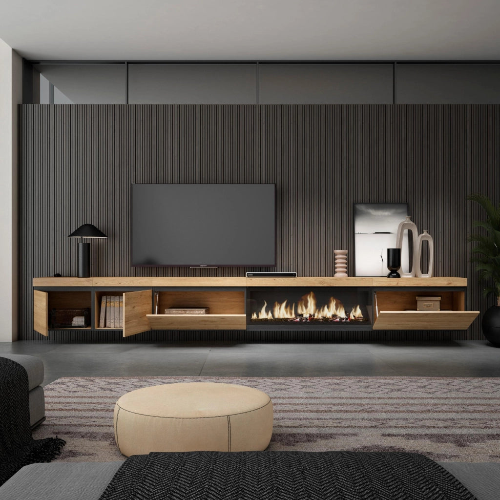 Mobile TV Soggiorno, 368x35x45, Camino elettrico XXL, da appendere, colore Rovere RF3695
