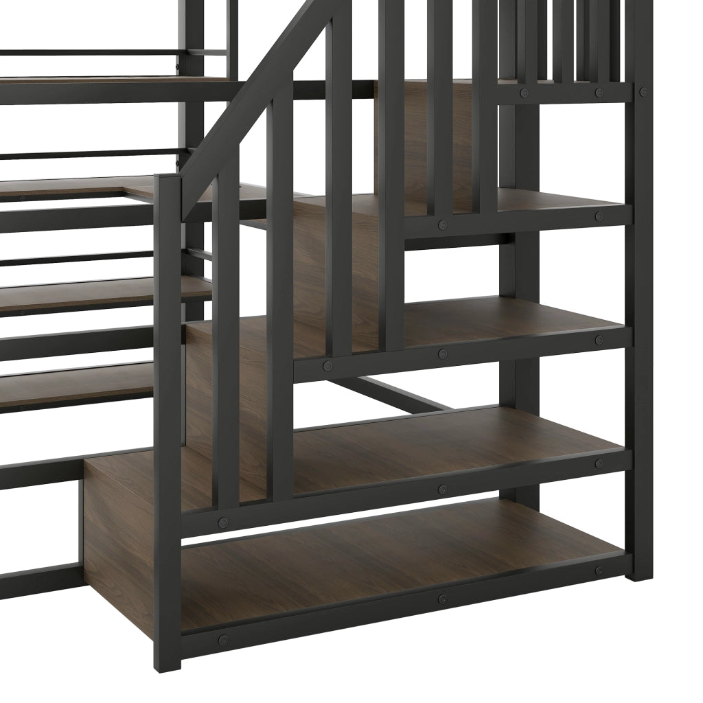 Letto a soppalco 140 × 200 cm con scrivania integrata, ripiani, LED, stazione di ricarica USB et metallo nero, senza materasso