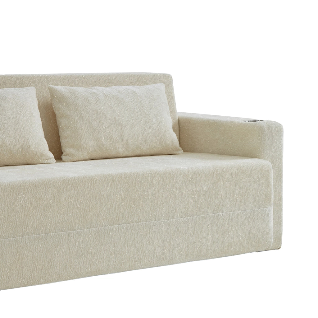 Divano letto 2 posti pieghevole con USB; portabicchieri e tasche laterali; beige