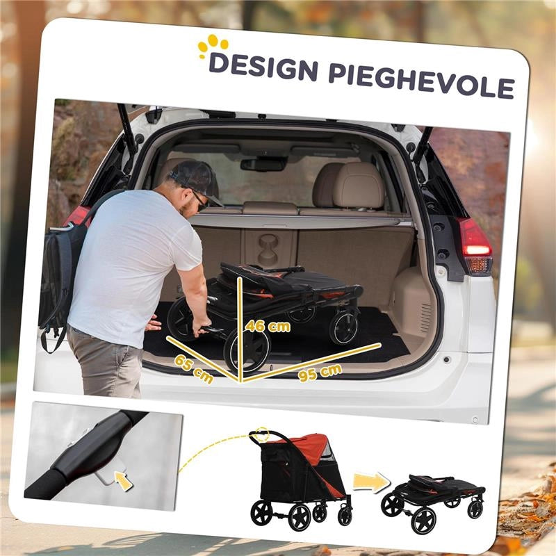 PASSEGGINO PER CANI PIEGHEVOLE CON INGRESSI A CERNIERA E FINESTRE A RETE 112X65X100 CM NERO E ROSSO