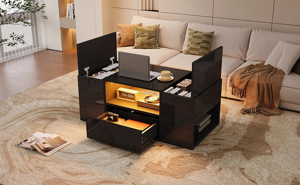 TAVOLINO DA SALOTTO 100 x 50 x 40 cm Nero lucido con LED