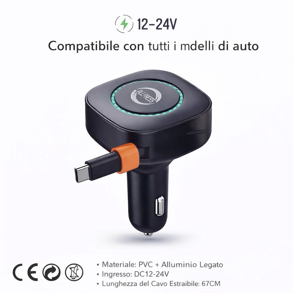 CARICABATTERIE AUTO USB TYPE-C 3.1A CAVO RETRATTILE 67CM 12V 24V RICARICA RAPIDA