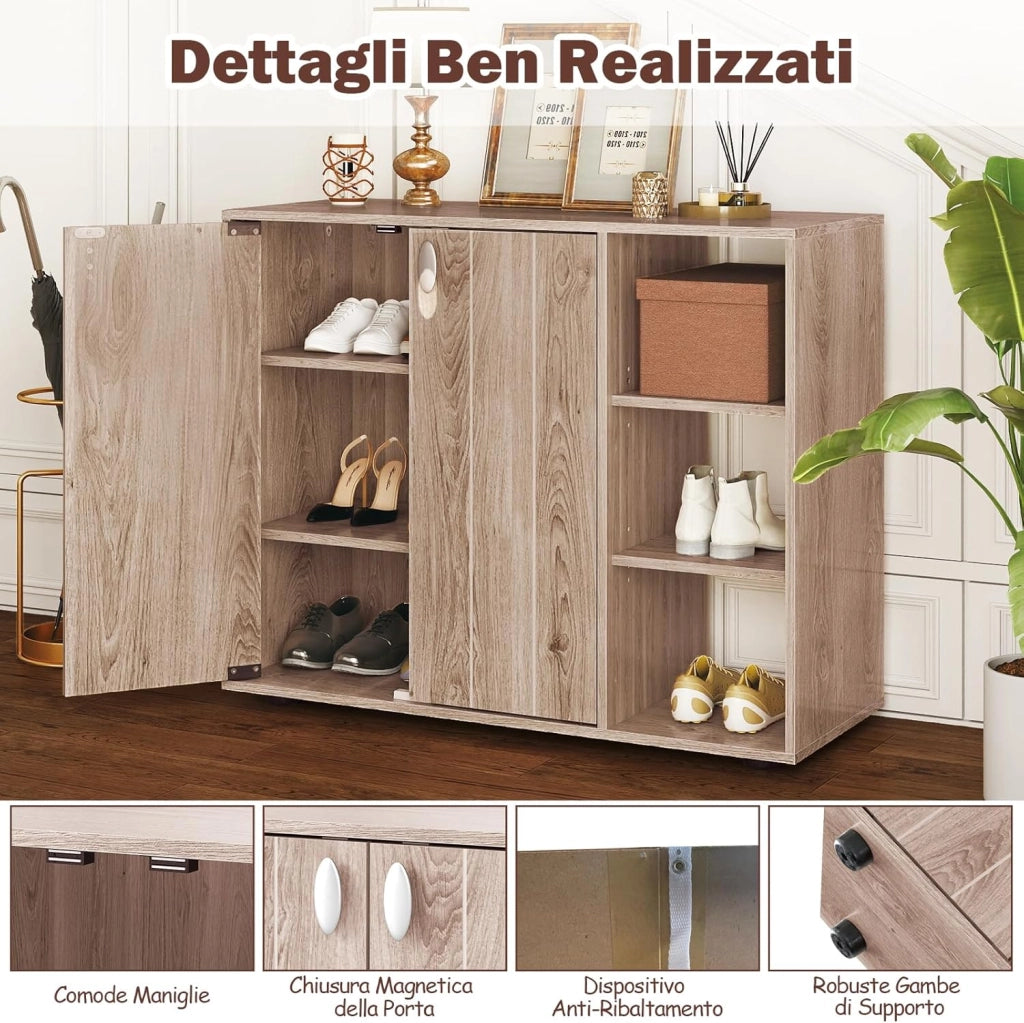 Mobiletto per Scarpe con Ante, Scaffale Porta Scarpe a 3 Ripiani con Mensole Regolabili, Organizzatore in Legno per Ingresso, Corridoio e Soggiorno, 80 x 31 x 64,5 cm (Naturale)