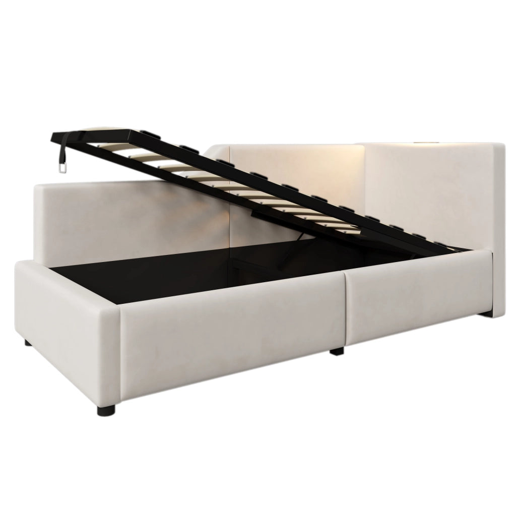 Letto a giorno 90x190 cm con contenitore; luce da lettura e USB C; velluto beige