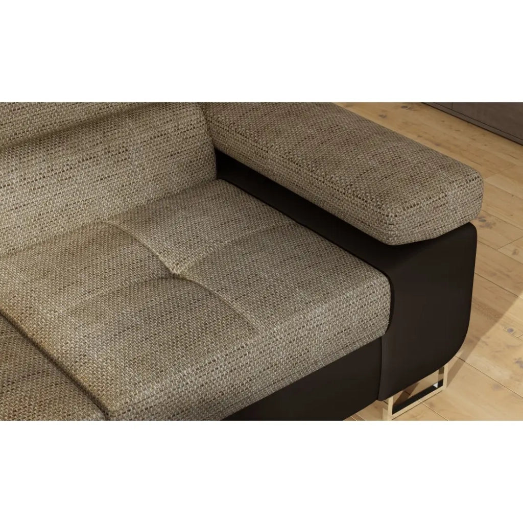 Divano angolare trasformabile MENTON beige e cioccolato bouclé – Angolo sinistro con vano contenitore
