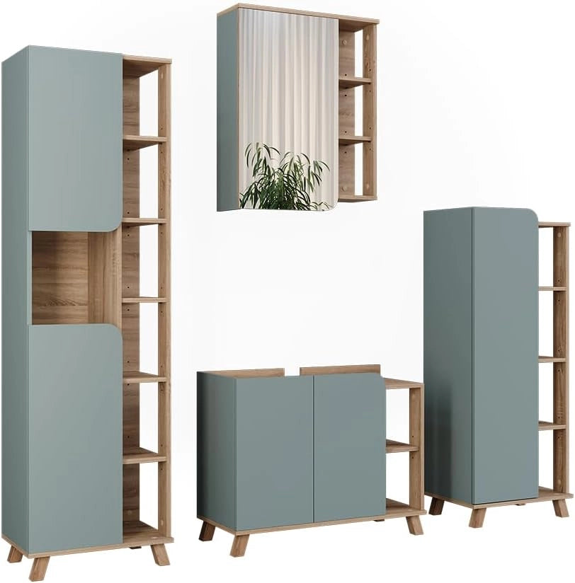 Set di mobili da bagno Karen, Sonoma/antracite, 80 cm, composto da mobile lavabo, pensile a specchio, colonna e base media