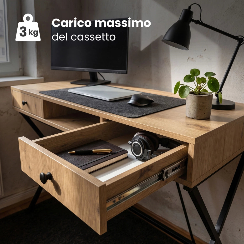 Scrivania PC industriale Rovere Artisan CROSSLINE 120 cm 2 cassetti 1 ripiano gambe nere