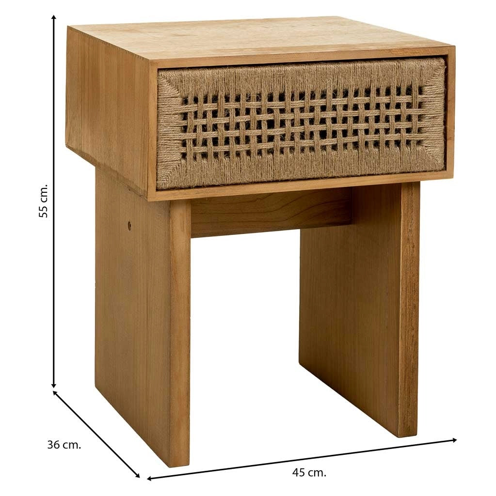 Comodino in legno e corda intrecciata marrone 45x36x55h
