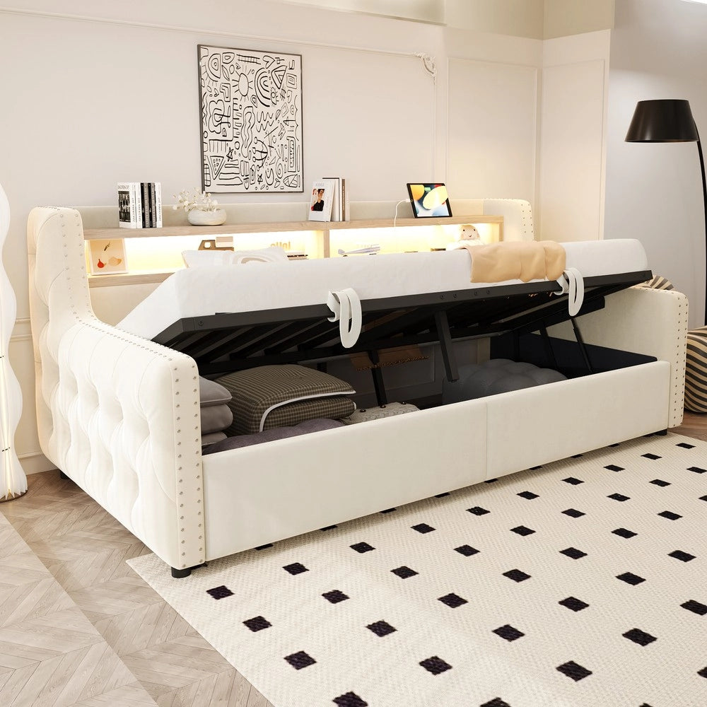 Letto Imbottito con Contenitore Idraulico e LED ¨C MINIMAL ¨C Beige 90x200