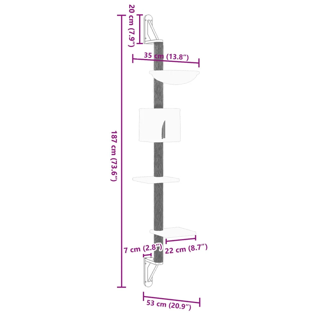 vidaXL Albero per Gatti con Tiragraffi a Parete Grigio Scuro 187 cm