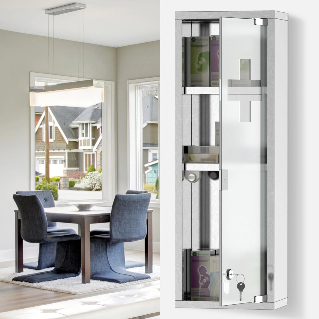 Armadietto medicinali in acciaio inox con ante a vetro temperato ¨C zephmum ¨C 20x12x58 cm, argento
