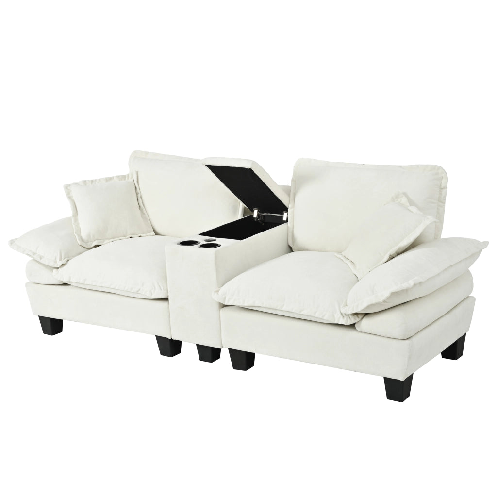 Divano modulare con pouf; contenitore; portabicchieri e USB - in chenille beige