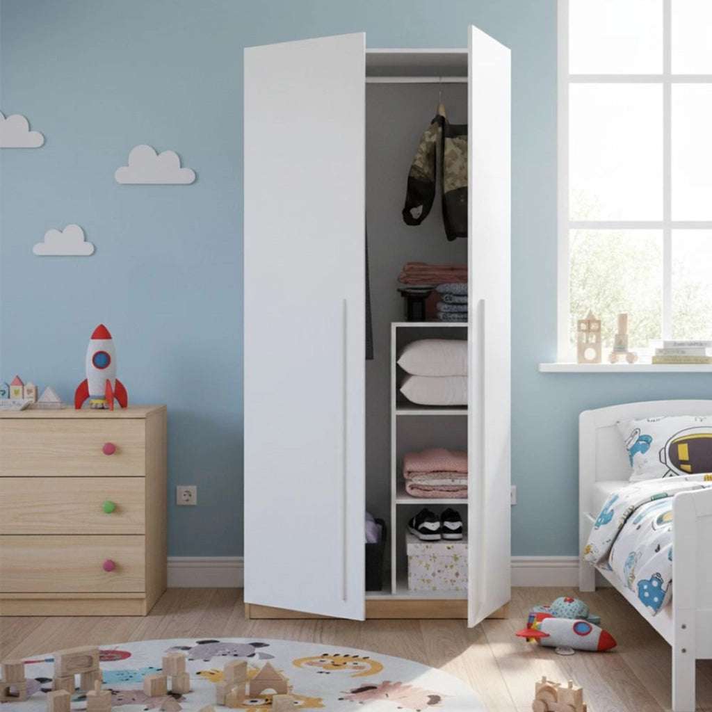 Guardaroba Alpine, Armadio per camera da letto a 2 ante battenti, Mobile con 3 ripiani e barra appendiabiti, cm 90x52h200, Rovere nodi e Bianco