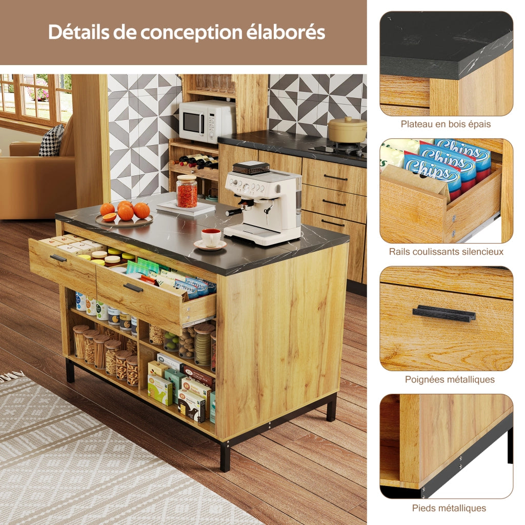 Isola da cucina in MDF con 2 cassetti e 4 ripiani aperti piano effetto marmo nero 120 × 75 × 90 cm