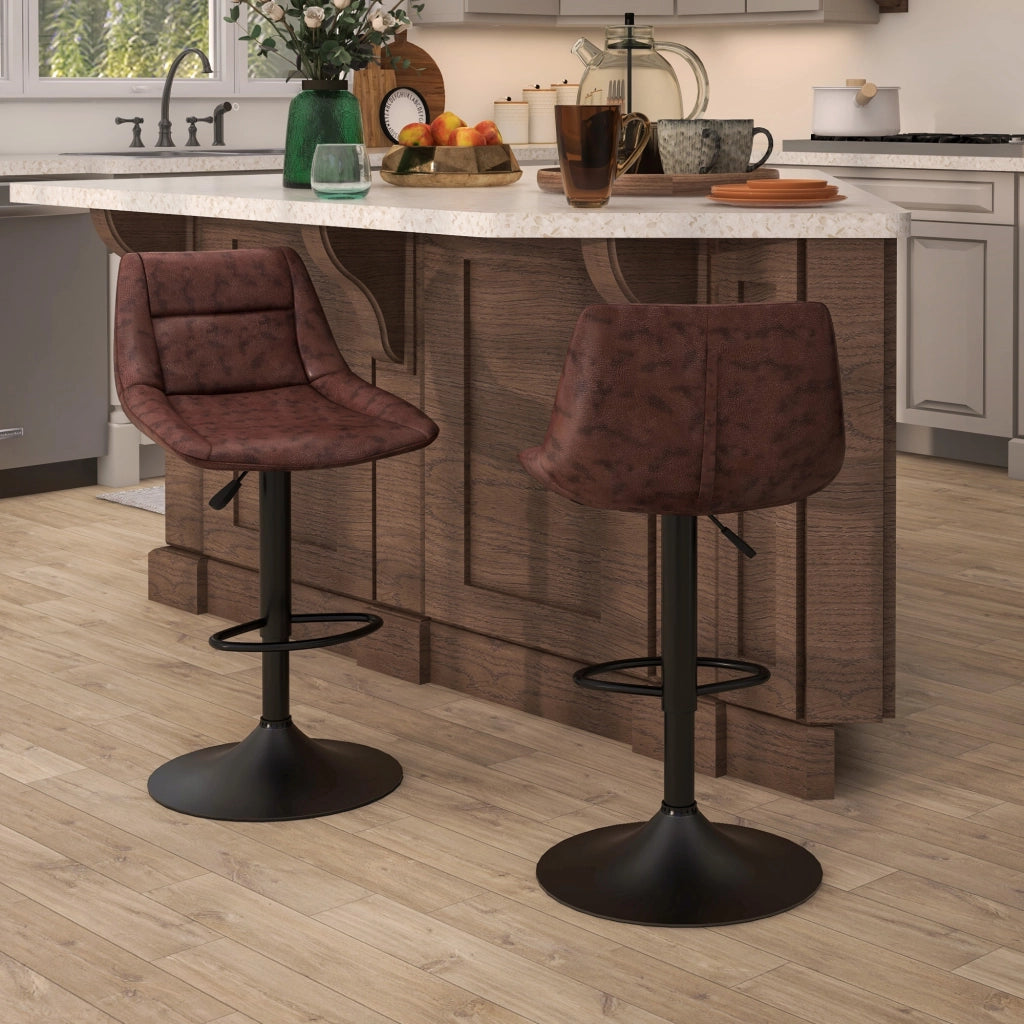 Set 2 Sgabelli da Bar Vintage 46,5x50x88-108 cm Seduta in Finta Pelle Marrone