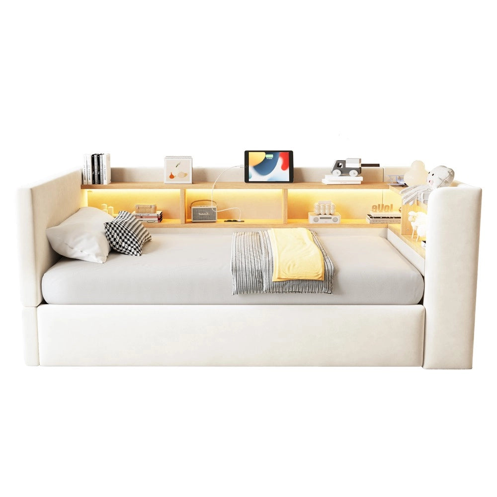 Letto imbottito contenitore singolo ¨C Minimal ¨C Beige 90x190cm con LED