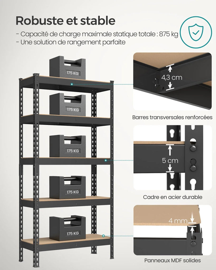 Scaffale per carichi pesanti scaffale da cucina 5 ripiani 30 x 75 x 150 cm capacità di carico 875 kg per seminterrato garage ufficio nero 12_0005789