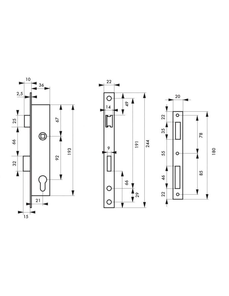 Serratura da incasso con cilindro per infissi in metallo, asse 21mm, L 36, piastra quadra, cilindro 30x30mm, acciaio inossidabile, 3 chiavi - THIRARD
