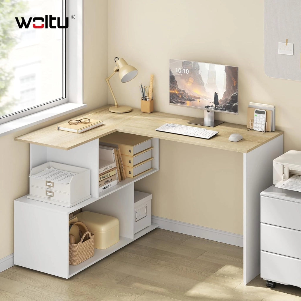 Scrivania Angolare, 120x100 cm Scrivania a Forma di L con Libreria, Bianco+Rovere Chiaro, Scrivania Ufficio per Computer, Tavolo da Lavoro, Studio and Soggiorno