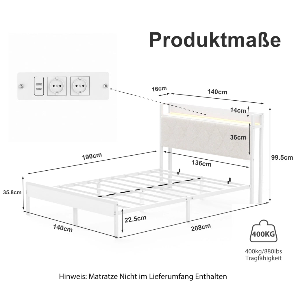 Letto imbottito 140x190 cm con testiera LED e USB in lino; acciaio e pannello truciolare bianco