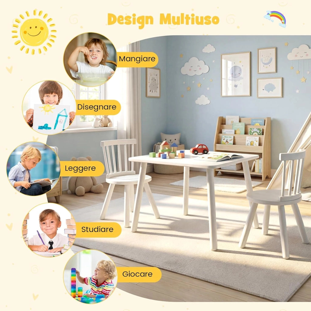 Set Tavolo e 2 Sedie per Bambini, Tavolo Attività con Schienali a Spindola Curvi, Sedute Rotonde e Gambe in Legno Massello, Tavolino per Bambini 3+ Anni per Disegno, Gioco e Studio (Bianco)